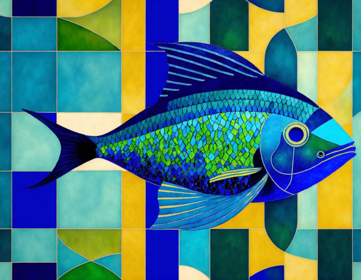 Colorful Blue Fish Mosaic on Multicolored Tile Background