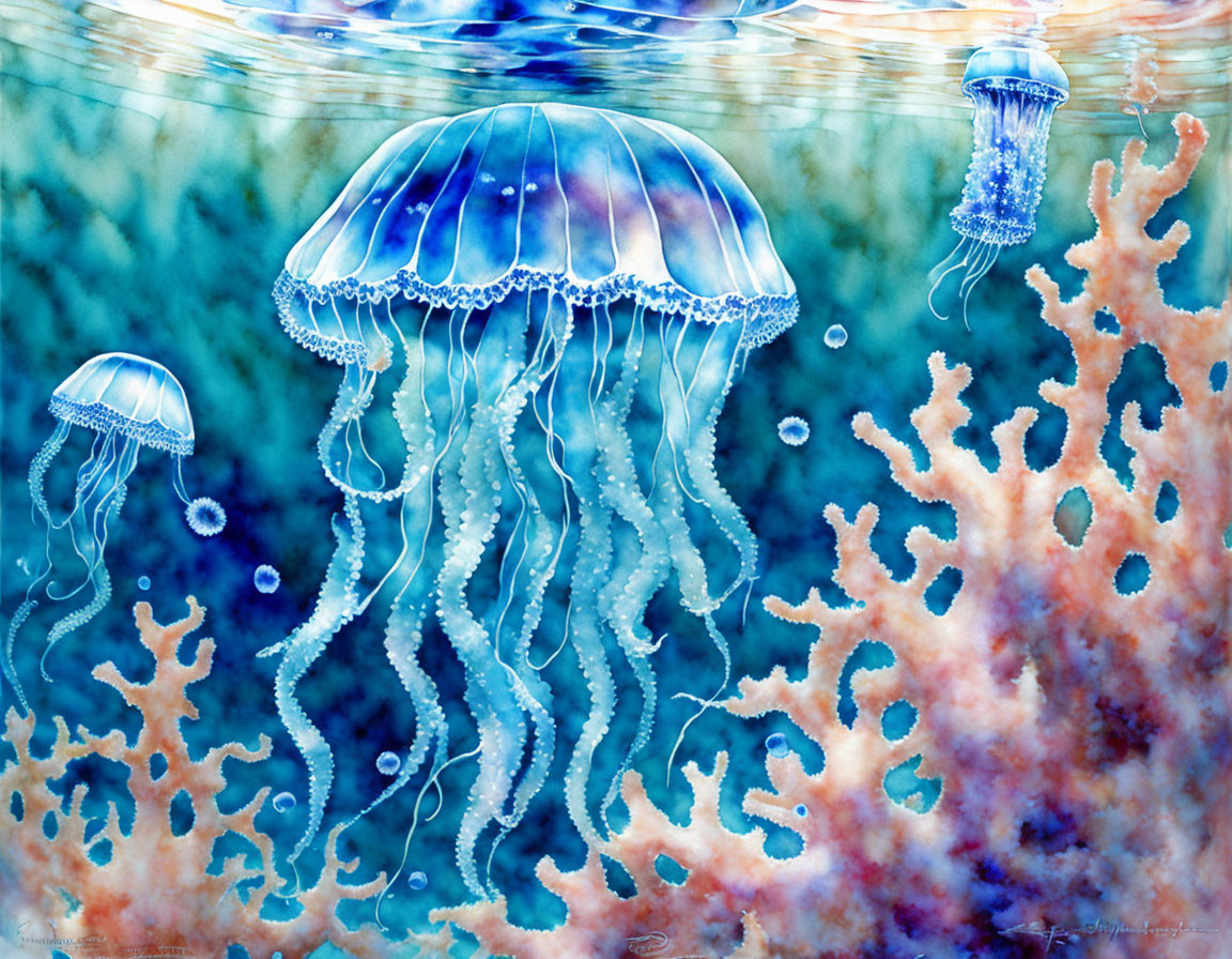 Colorful Jellyfish and Coral in Underwater Scene