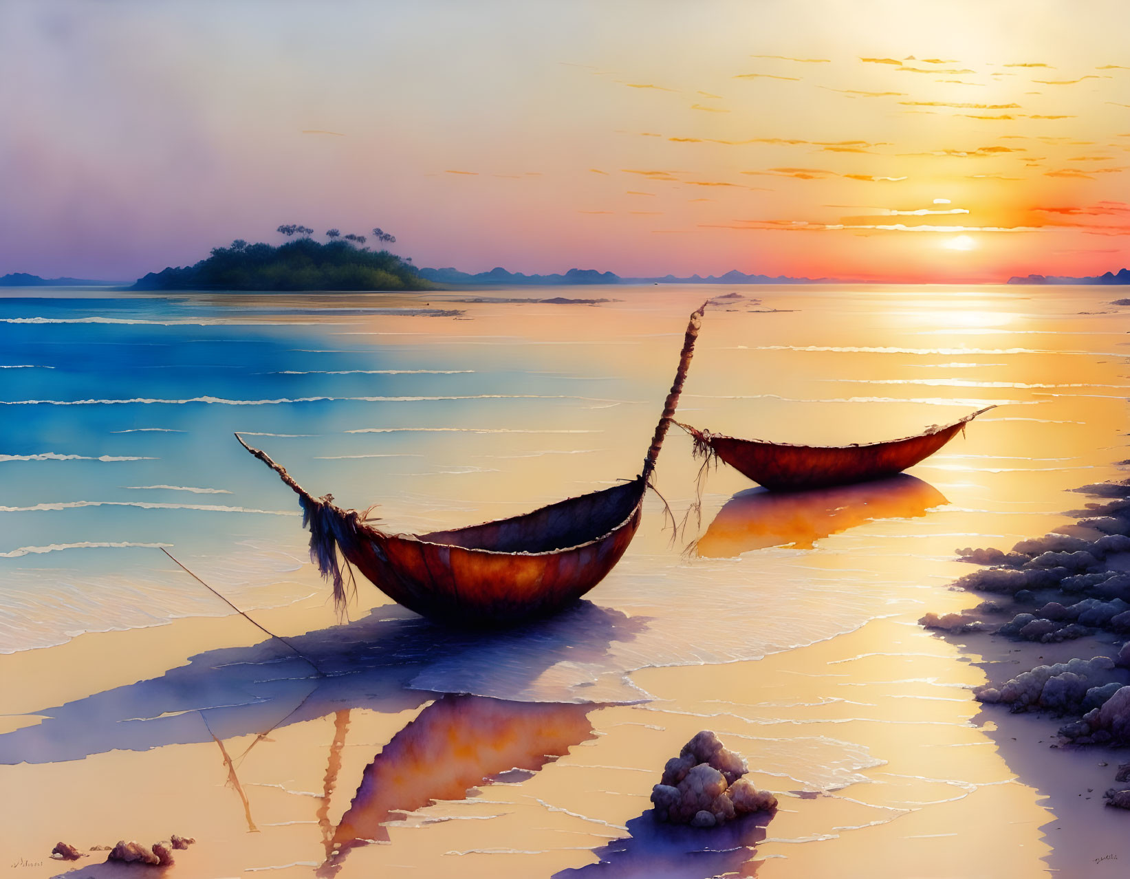 Boats on Calm Water at Sunset with Colorful Sky and Distant Island