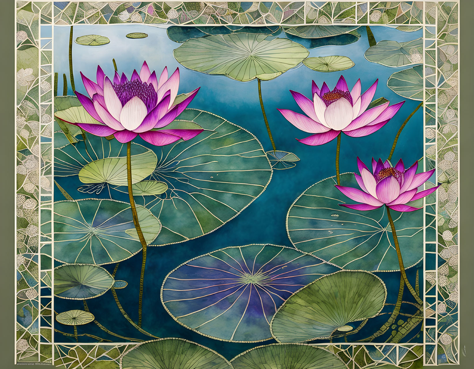 Pink Lotus Flowers and Lily Pads on Blue Water with Ornate Border