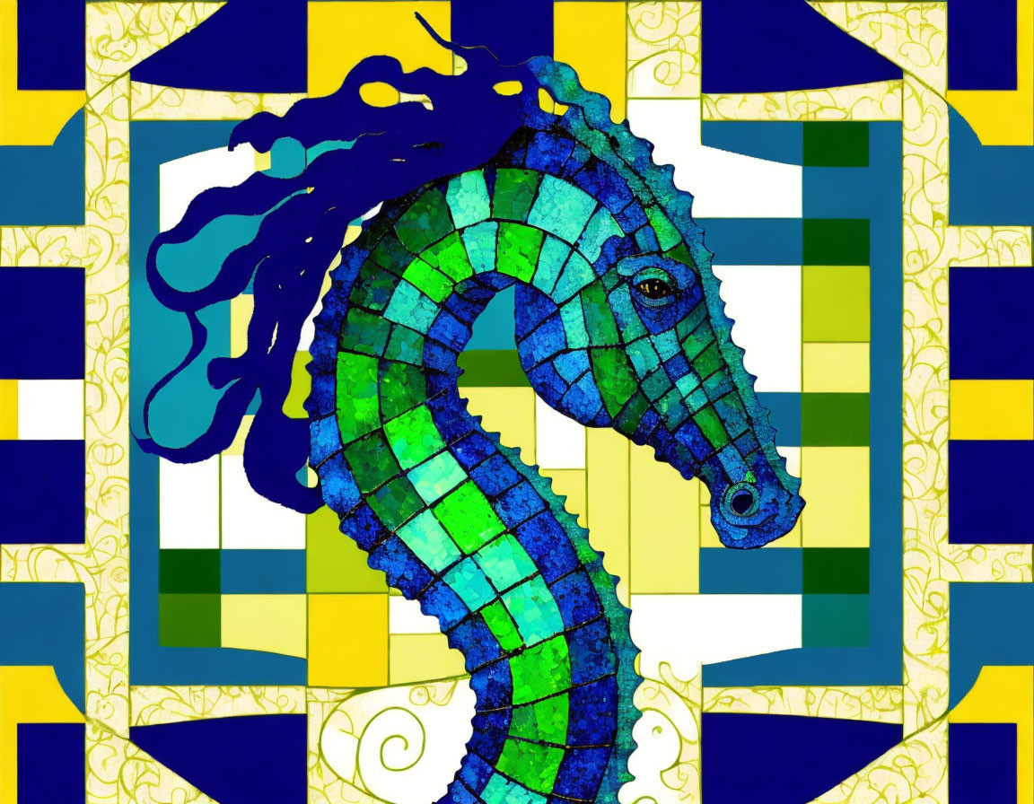 Vibrant seahorse mosaic in blue and green on yellow geometric backdrop