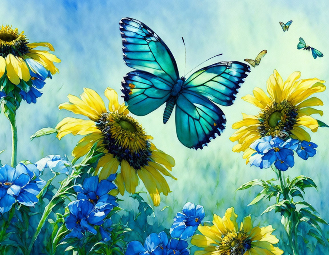 Blue butterfly painting with flowers on textured blue background