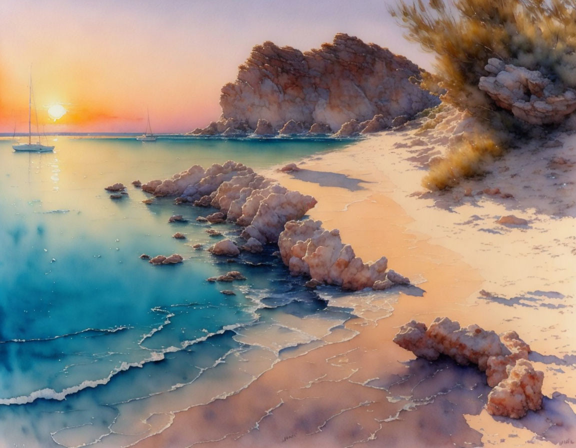 Tranquil watercolor sunset beach scene with rocks, calm sea, boats, and salt formations