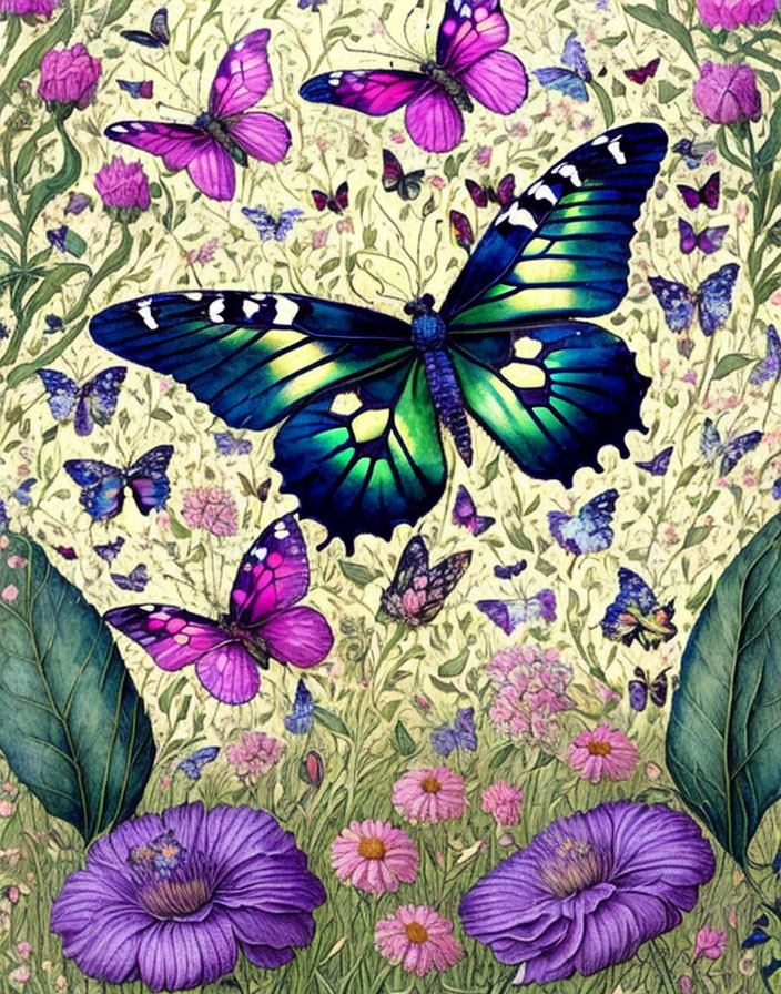 Detailed Botanical Background with Blue-Green Butterfly and Purple Flowers