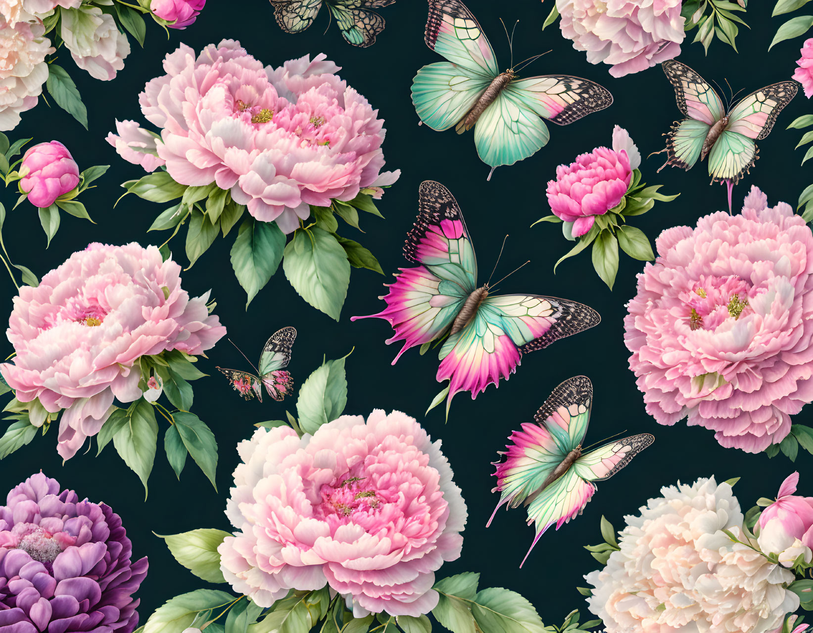 Pink and White Peonies with Butterflies on Dark Green Background