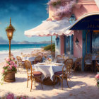 Elegant seaside dining area with umbrellas, pastel building, and serene beach view