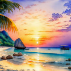 Serene beach sunset watercolor with boats, rocks, palm leaves, and birds