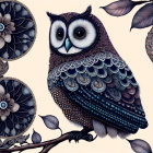 Intricately patterned owl on branch with leaves and flowers in stylized art