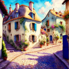 Picturesque cobblestone street with colorful houses and flowers under blue sky