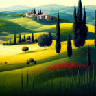 Scenic landscape: green hills, cypress trees, buildings, red poppies under golden light