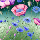 Colorful Poppy Field Illustration in Pink and Blue