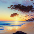 Tranquil beach scene at sunset with eucalyptus trees, gentle waves, and past