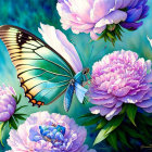 Detailed digital art: Large butterfly on purple peonies, blue backdrop