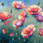 Tranquil painting of red poppies and a dragonfly in a blue floral scene