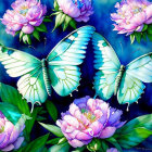 Vibrant blue butterflies on pink peonies in deep blue setting