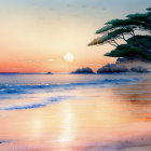 Tranquil watercolor painting: sunrise over calm sea, orange and blue hues, pine tree silhouette