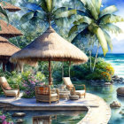 Tropical Thatched Huts by Tranquil Sea Displaying Palm Trees and Blooming Flowers