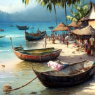 Scenic beach with wooden boats, bustling market, and mountain backdrop.