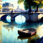 Serene Parisian scene: lone boat on Seine River at sunset