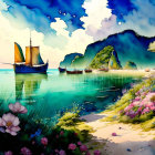 Tranquil beach scene with boats, cliffs, and clear waters