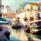 Watercolor street scene with boats, pedestrians, and quaint buildings in warm light