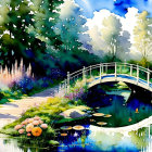 Serene garden scene with wooden bridge over tranquil pond