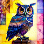 Colorful Stylized Owl Art Against Warm Mosaic Background