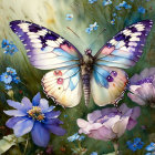 Colorful digital artwork: Large butterfly with white and purple wings amidst blue and white flowers.