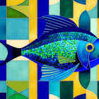 Colorful Blue Fish Mosaic on Multicolored Tile Background