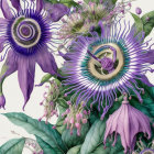 Detailed illustration of vibrant passion flowers in various stages of bloom surrounded by lush green leaves