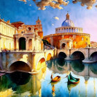 Scenic Rome river watercolor with bridge and boats