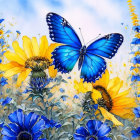 Colorful Butterfly and Sunflower Illustration with Blue Flora