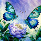 Vibrant blue butterflies and purple hydrangea in nature scene