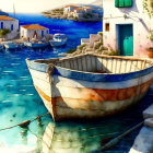 Coastal Scene: Weathered Boat, Turquoise Waters, Yachts, Sunlit Houses