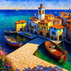 Colorful Coastal Mediterranean Village Painting with Boats and Flowers