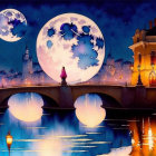 Fantasy cityscape artwork: illuminated buildings, bridge, moons.