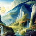 Tranquil landscape with waterfalls, mountains, foliage, sun & sky