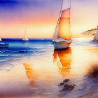 Tranquil sunset seascape with sailboats and beach