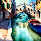 Vibrant watercolor of Venetian canal with blue boat and historic buildings