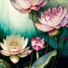 Colorful digital artwork featuring vibrant lotus flowers against a blue-green water backdrop