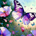 Colorful artwork featuring large purple butterfly and smaller butterflies on pink flowers in a dreamy setting