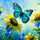 Blue butterfly painting with flowers on textured blue background