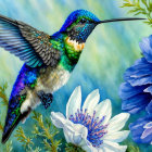 Colorful hummingbird painting with iridescent feathers and flowers on green background