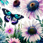 Vibrant butterfly and daisy artwork in pastel hues