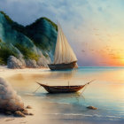 Tranquil sunset beach scene with sailboat, cliffs, and pastel sky