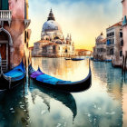 Venice Gondolas on Canal at Sunset with Cathedral Dome