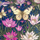 Detailed illustration of white butterflies, pink lotus flowers, blue and green foliage