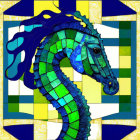 Vibrant seahorse mosaic in blue and green on yellow geometric backdrop