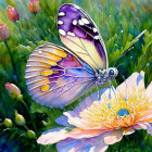 Colorful watercolor painting of butterfly on pink flower in lush greenery