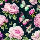 Pink and White Peonies with Butterflies on Dark Green Background